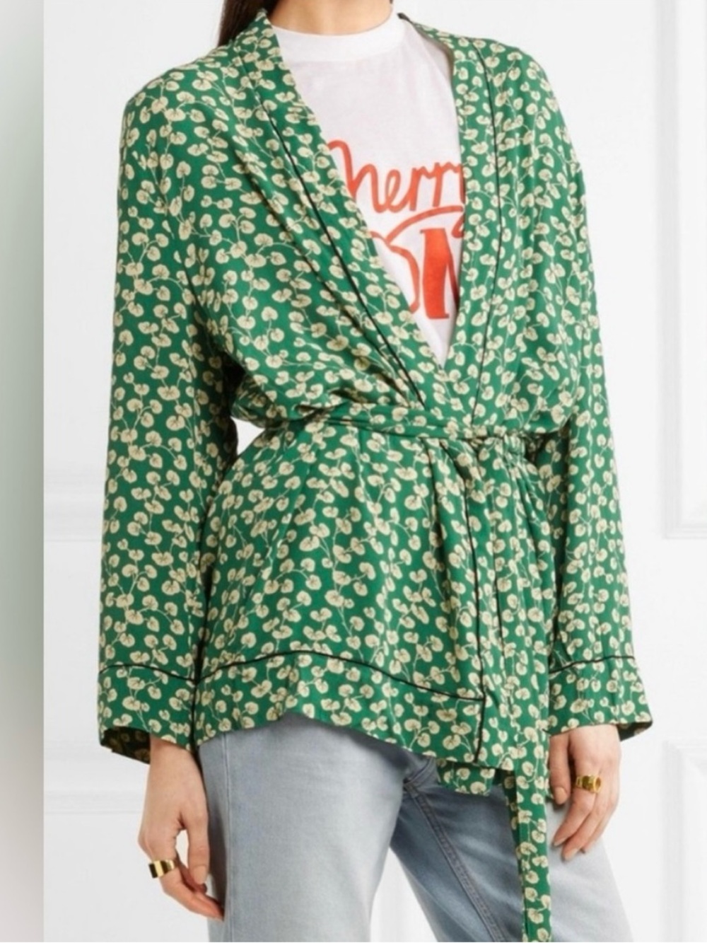 Ganni Green Cream Floral Tie-Waist Tunic